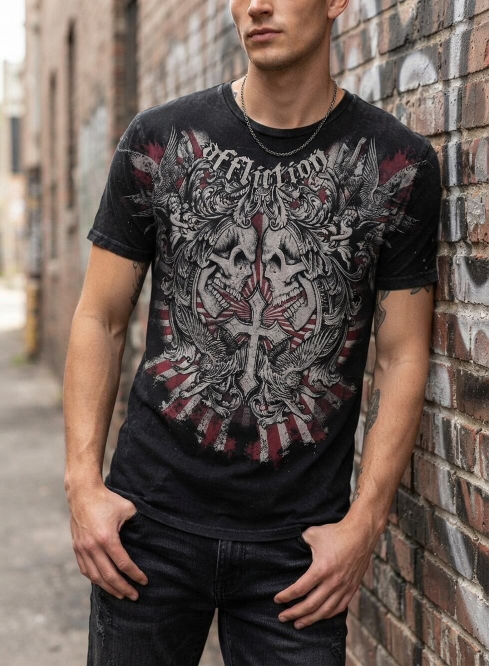 Vintage Affliction T-Shirt Large Black Dual Skull Cross Cherub Y2K Made in USA
